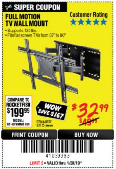 Harbor Freight Coupon FULL MOTION TV WALL MOUNT  Lot No. 64037/63155 Expired: 1/20/19 - $32.99