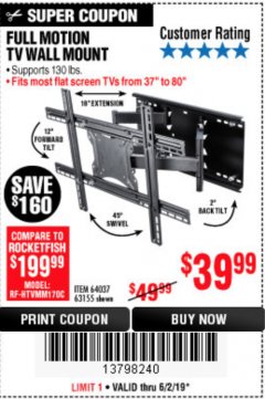 Harbor Freight Coupon FULL MOTION TV WALL MOUNT  Lot No. 64037/63155 Expired: 6/2/19 - $39.99