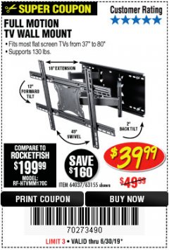 Harbor Freight Coupon FULL MOTION TV WALL MOUNT  Lot No. 64037/63155 Expired: 6/30/19 - $39.99