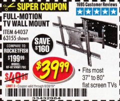 Harbor Freight Coupon FULL MOTION TV WALL MOUNT  Lot No. 64037/63155 Expired: 6/30/19 - $39.99