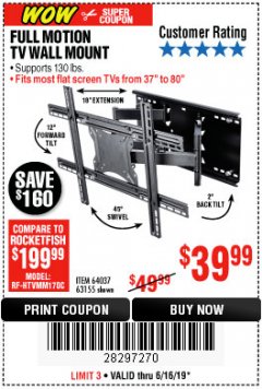 Harbor Freight Coupon FULL MOTION TV WALL MOUNT  Lot No. 64037/63155 Expired: 6/16/19 - $39.99