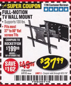 Harbor Freight Coupon FULL MOTION TV WALL MOUNT  Lot No. 64037/63155 Expired: 8/31/19 - $37.99