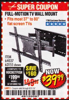 Harbor Freight Coupon FULL MOTION TV WALL MOUNT  Lot No. 64037/63155 Expired: 8/31/19 - $39.99