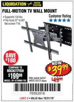 Harbor Freight Coupon FULL MOTION TV WALL MOUNT  Lot No. 64037/63155 Expired: 10/31/19 - $39.99