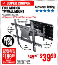 Harbor Freight Coupon FULL MOTION TV WALL MOUNT  Lot No. 64037/63155 Expired: 10/4/19 - $39.99