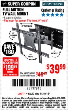 Harbor Freight Coupon FULL MOTION TV WALL MOUNT  Lot No. 64037/63155 Expired: 11/10/19 - $39.99