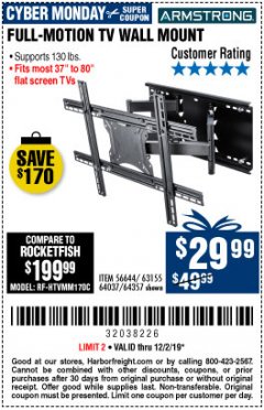 Harbor Freight Coupon FULL MOTION TV WALL MOUNT  Lot No. 64037/63155 Expired: 12/1/19 - $29.99