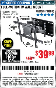 Harbor Freight Coupon FULL MOTION TV WALL MOUNT  Lot No. 64037/63155 Expired: 2/2/20 - $39.99