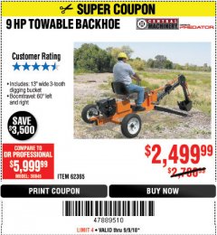 Harbor Freight Coupon TOWABLE RIDE-ON TRENCHER Lot No. 62365/65162 Expired: 9/9/18 - $2499.99