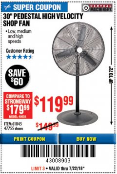 Harbor Freight Coupon 30" HIGH VELOCITY PEDESTAL SHOP FAN Lot No. 61845/47755 Expired: 7/22/18 - $119.99