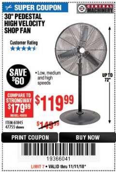 Harbor Freight Coupon 30" HIGH VELOCITY PEDESTAL SHOP FAN Lot No. 61845/47755 Expired: 11/11/18 - $119.99