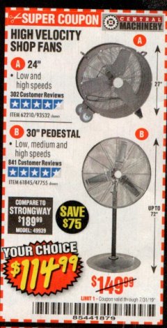Harbor Freight Coupon 30" HIGH VELOCITY PEDESTAL SHOP FAN Lot No. 61845/47755 Expired: 7/31/19 - $114.99