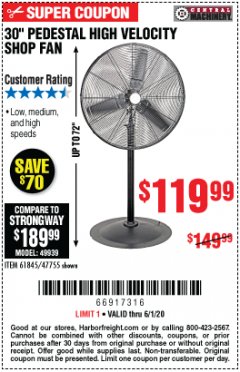 Harbor Freight Coupon 30" HIGH VELOCITY PEDESTAL SHOP FAN Lot No. 61845/47755 Expired: 6/30/20 - $119.99