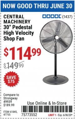 Harbor Freight Coupon 30" HIGH VELOCITY PEDESTAL SHOP FAN Lot No. 61845/47755 Expired: 6/30/20 - $114.99