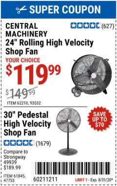 Harbor Freight Coupon 30" HIGH VELOCITY PEDESTAL SHOP FAN Lot No. 61845/47755 Expired: 8/31/20 - $119.99