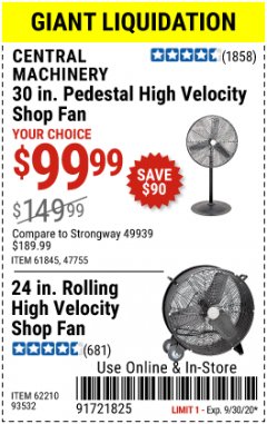 Harbor Freight Coupon 30" HIGH VELOCITY PEDESTAL SHOP FAN Lot No. 61845/47755 Expired: 9/30/20 - $99.99