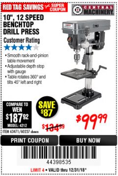 Harbor Freight Coupon 10", 12 SPEED BENCHTOP DRILL PRESS Lot No. 63471/62408/60237 Expired: 12/31/18 - $99.99