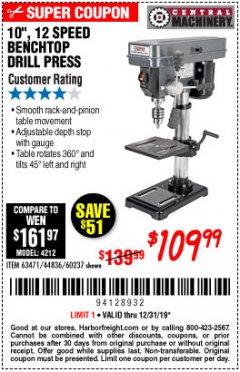 Harbor Freight Coupon 10", 12 SPEED BENCHTOP DRILL PRESS Lot No. 63471/62408/60237 Expired: 12/31/19 - $109.99