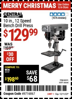 Harbor Freight Coupon 10", 12 SPEED BENCHTOP DRILL PRESS Lot No. 63471/62408/60237 Expired: 12/11/22 - $129.99