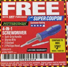 Harbor Freight FREE Coupon 4-IN-1 SCREWDRIVER Lot No. 39631/69470/61988 Expired: 2/28/18 - FWP