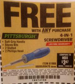 Harbor Freight FREE Coupon 4-IN-1 SCREWDRIVER Lot No. 39631/69470/61988 Expired: 5/7/18 - FWP