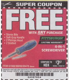 Harbor Freight FREE Coupon 4-IN-1 SCREWDRIVER Lot No. 39631/69470/61988 Expired: 8/29/18 - FWP