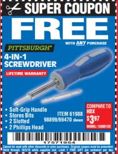 Harbor Freight FREE Coupon 4-IN-1 SCREWDRIVER Lot No. 39631/69470/61988 Expired: 10/5/18 - FWP