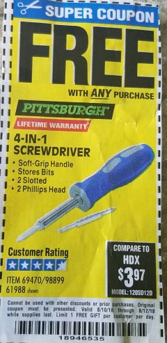 Harbor Freight FREE Coupon 4-IN-1 SCREWDRIVER Lot No. 39631/69470/61988 Expired: 8/12/18 - FWP