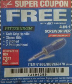 Harbor Freight FREE Coupon 4-IN-1 SCREWDRIVER Lot No. 39631/69470/61988 Expired: 12/14/18 - FWP