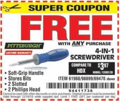 Harbor Freight FREE Coupon 4-IN-1 SCREWDRIVER Lot No. 39631/69470/61988 Expired: 12/19/18 - FWP