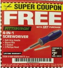 Harbor Freight FREE Coupon 4-IN-1 SCREWDRIVER Lot No. 39631/69470/61988 Expired: 12/31/19 - FWP