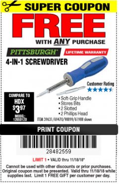 Harbor Freight FREE Coupon 4-IN-1 SCREWDRIVER Lot No. 39631/69470/61988 Expired: 11/18/18 - FWP