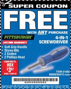Harbor Freight FREE Coupon 4-IN-1 SCREWDRIVER Lot No. 39631/69470/61988 Expired: 1/5/19 - FWP