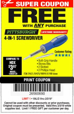 Harbor Freight FREE Coupon 4-IN-1 SCREWDRIVER Lot No. 39631/69470/61988 Expired: 2/3/19 - FWP