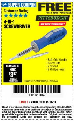 Harbor Freight FREE Coupon 4-IN-1 SCREWDRIVER Lot No. 39631/69470/61988 Expired: 11/11/19 - FWP