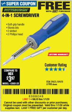 Harbor Freight FREE Coupon 4-IN-1 SCREWDRIVER Lot No. 39631/69470/61988 Expired: 1/1/20 - FWP