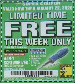 Harbor Freight FREE Coupon 4-IN-1 SCREWDRIVER Lot No. 39631/69470/61988 Expired: 1/22/20 - FWP