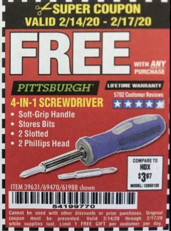 Harbor Freight FREE Coupon 4-IN-1 SCREWDRIVER Lot No. 39631/69470/61988 Expired: 2/17/20 - FWP