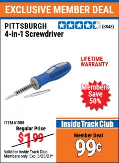 Harbor Freight ITC Coupon 4-IN-1 SCREWDRIVER Lot No. 39631/69470/61988 Expired: 3/25/21 - $0.99