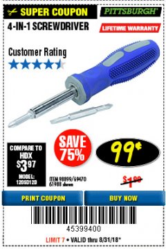 Harbor Freight Coupon 4-IN-1 SCREWDRIVER Lot No. 39631/69470/61988 Expired: 8/31/18 - $0.99