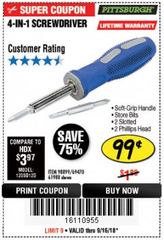 Harbor Freight Coupon 4-IN-1 SCREWDRIVER Lot No. 39631/69470/61988 Expired: 9/16/18 - $0.99