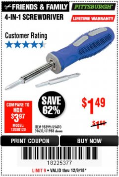 Harbor Freight Coupon 4-IN-1 SCREWDRIVER Lot No. 39631/69470/61988 Expired: 12/9/18 - $1.49