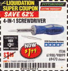 Harbor Freight Coupon 4-IN-1 SCREWDRIVER Lot No. 39631/69470/61988 Expired: 5/31/19 - $1.49