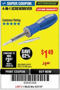 Harbor Freight Coupon 4-IN-1 SCREWDRIVER Lot No. 39631/69470/61988 Expired: 4/21/19 - $1.49