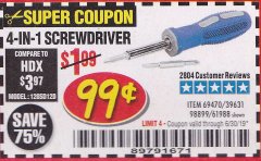 Harbor Freight Coupon 4-IN-1 SCREWDRIVER Lot No. 39631/69470/61988 Expired: 6/30/19 - $0.99