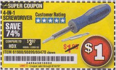 Harbor Freight Coupon 4-IN-1 SCREWDRIVER Lot No. 39631/69470/61988 Expired: 8/14/19 - $1