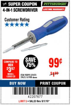 Harbor Freight Coupon 4-IN-1 SCREWDRIVER Lot No. 39631/69470/61988 Expired: 9/1/19 - $0.99