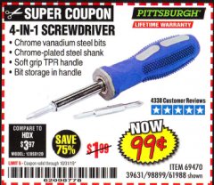 Harbor Freight Coupon 4-IN-1 SCREWDRIVER Lot No. 39631/69470/61988 Expired: 10/31/19 - $0.99