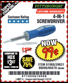 Harbor Freight Coupon 4-IN-1 SCREWDRIVER Lot No. 39631/69470/61988 Expired: 11/2/19 - $0.99