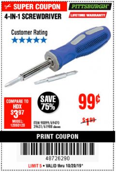 Harbor Freight Coupon 4-IN-1 SCREWDRIVER Lot No. 39631/69470/61988 Expired: 10/20/19 - $0.99